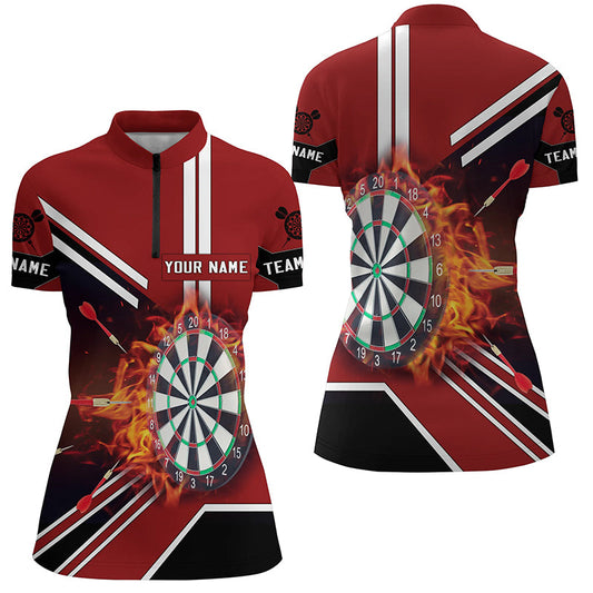 Schwarz Rot Flamme Dartboard Damen Quarter-Zip Shirt – Individuelles Dart Team Trikot LDT0406