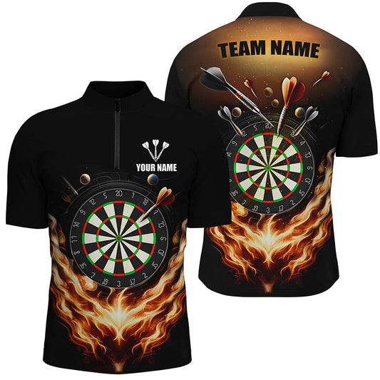 Schwarz Orange Feuer Flame Darts Quarter Zip Shirt, Individuelles Dart Shirt für Herren, Dart Trikots LDT1372