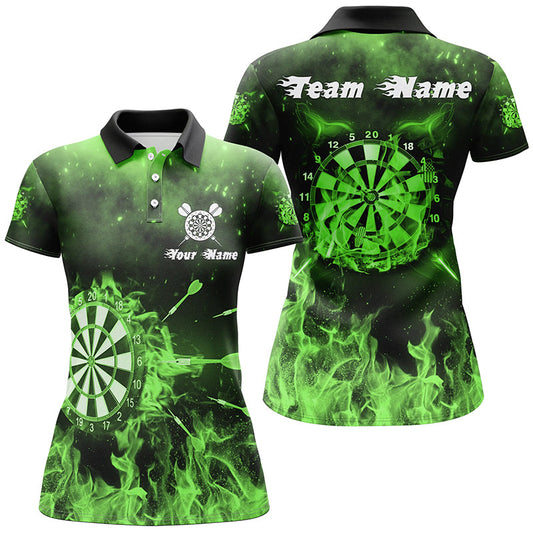 Grünes Feuerflamme Damen Darts Poloshirts – Individuelles Dart Shirt für Frauen Dart Trikots LDT1378