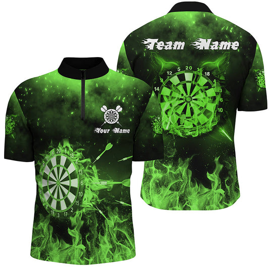 Green Fire Flame Herren Darts Quarter Zip Shirts, Individuelles Dart Shirt für Herren, Dart Trikots LDT1378
