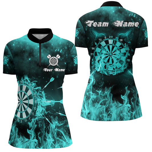 Türkises Feuer Flame Darts Quarter-Zip Shirt – Individuelles Dart Shirt für Damen, Dart Trikots LDT1379