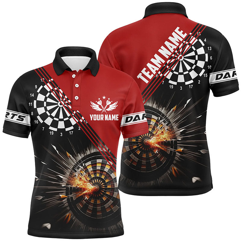 Schwarz-Rot Darts Feuer Personalisierter Herren Poloshirt – Individuelle Darttrikots für Männer LDT0995