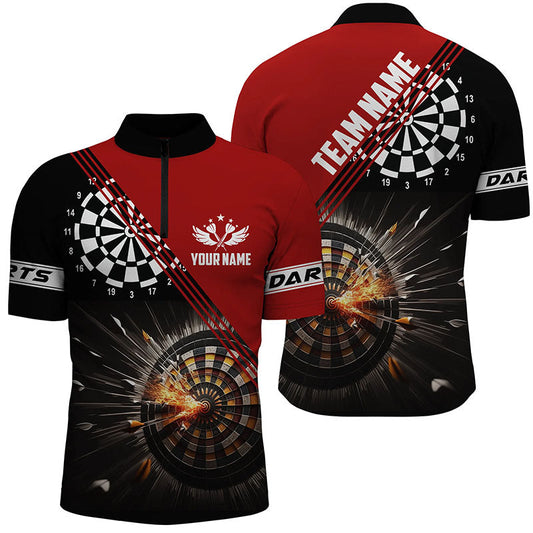 Schwarz Rot Darts Feuer Personalisiertes Männer Quarter-Zip Shirt – Individuelle Dart Trikots für Männer LDT0995