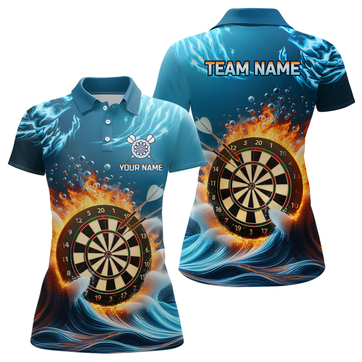 Feuer und Wasser Blau Damen Darts Poloshirt – Individuelles Dart Shirt für Frauen Dart Trikots LDT1427