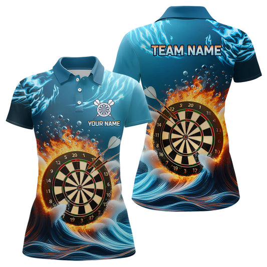 Feuer und Wasser Blau Damen Darts Poloshirt – Individuelles Dart Shirt für Frauen Dart Trikots LDT1427