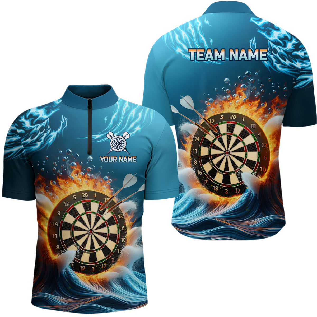 Feuer Und Wasser Blau Männer Darts Quarter-Zip Shirt – Individuelle Männer Darts Shirts Dart Trikots LDT1427