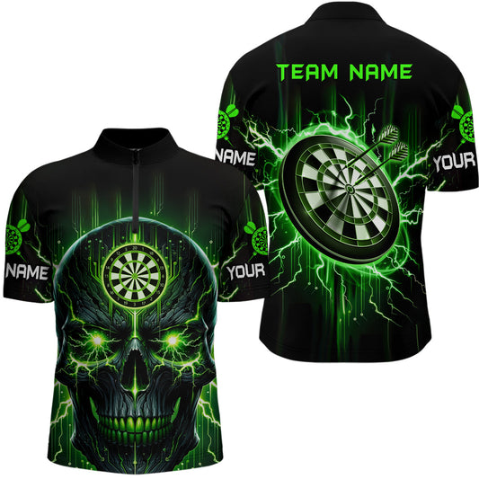 Schwarz Grün Skull Darts Quarter-Zip Shirt – Individuelles Gruseliges Darts Shirt für Männer Dart Trikots LDT1432