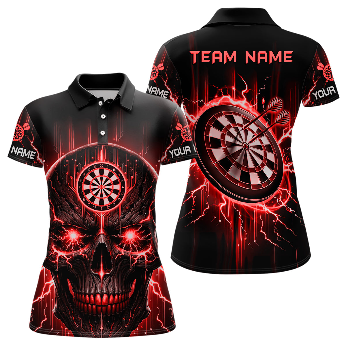 Schwarz Rot Skull Damen Darts Poloshirt – Individuelles Gruseliges Dart Shirt für Frauen Dart Trikots LDT1433
