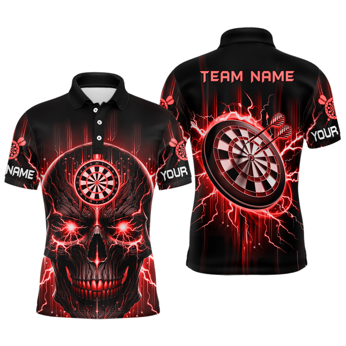 Schwarz-Roter Schädel Herren Darts Poloshirt – Gruseliges Dartshirt für Männer Darttrikots LDT1433