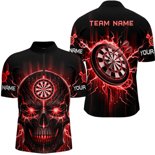 Schwarz Rot Skull Darts Quarter-Zip Shirt – Individuelles Gruseliges Darts Shirt für Männer Dart Trikots LDT1433