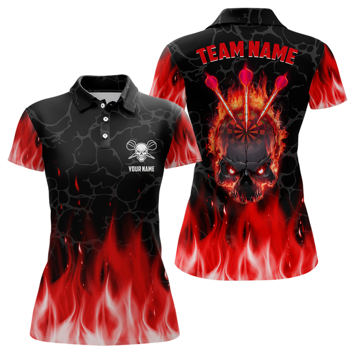 Rote Flamme Schädel Darts Damen Poloshirt – Individuelles Gruseliges Dart Shirt für Frauen Dart Trikots LDT1028