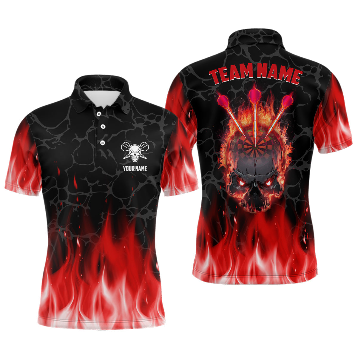Rote Flammen Totenkopf Darts Herren Poloshirt – Individuelles gruseliges Dartshirt für Männer Cool Darttrikots LDT1028