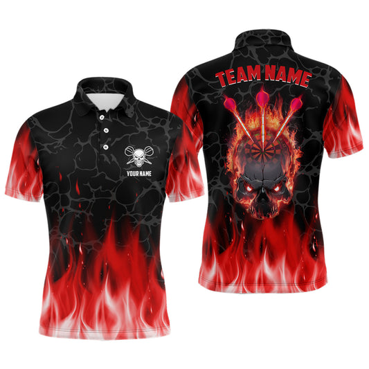 Rote Flammen Totenkopf Darts Herren Poloshirt – Individuelles gruseliges Dartshirt für Männer Cool Darttrikots LDT1028