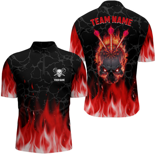 Rotes Flammen Skull Darts Quarter-Zip Shirt – Individuelles Gruseliges Männer Darts Shirt Cool Dart Trikots LDT1028