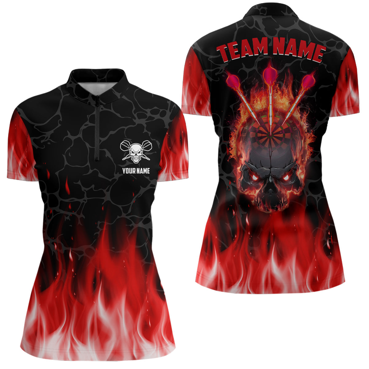 Rote Flame Skull Darts Quarter-Zip Shirt – Individuelles Gruseliges Dart Shirt für Damen Dart Trikots LDT1028