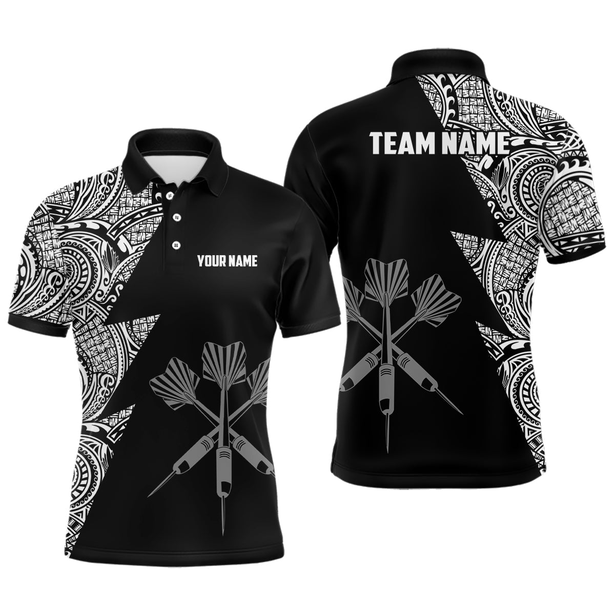 Blitz Tribal Schwarz Weiß Personalisiertes Darts Poloshirt – Individuelles Darttrikot für Männer LDT0820