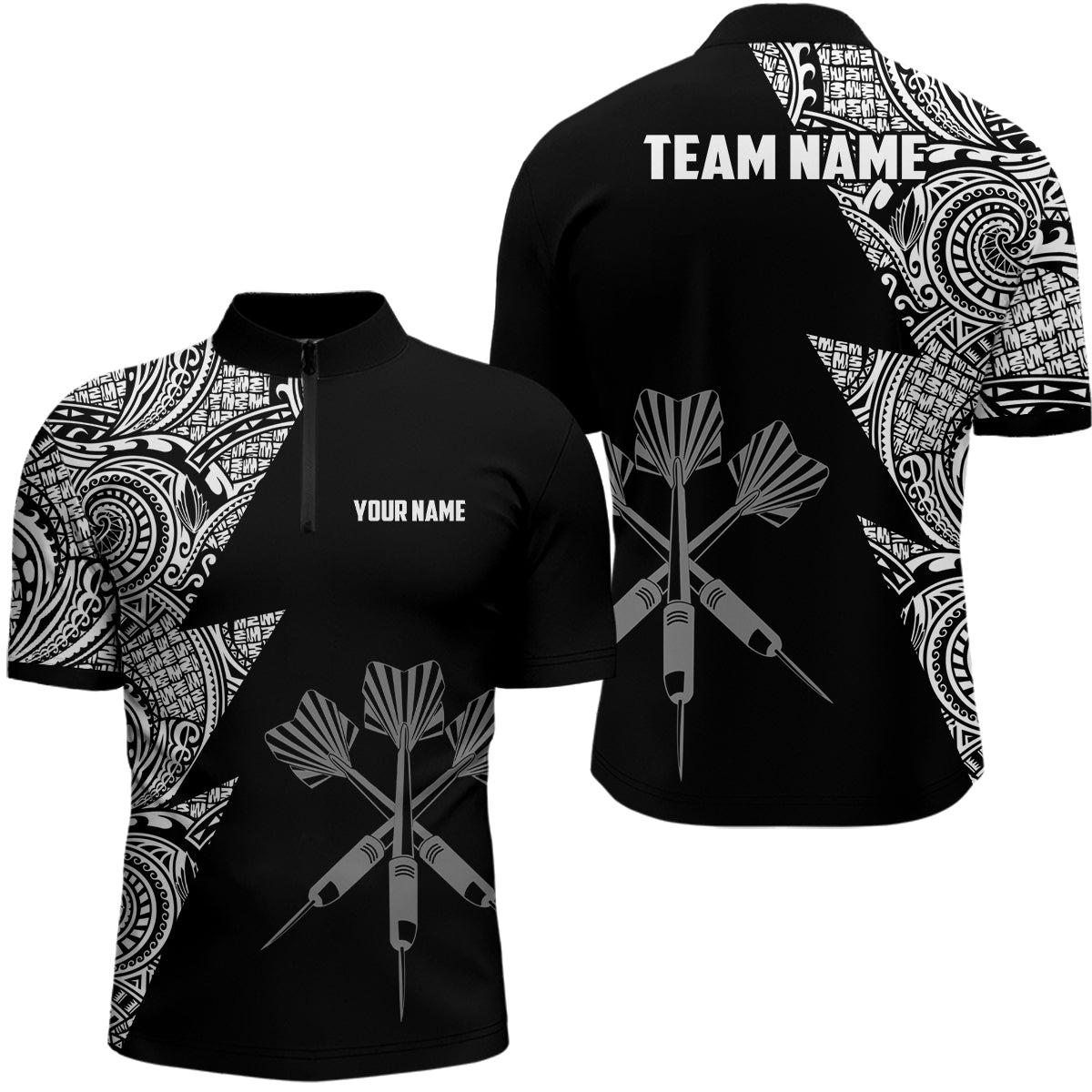 Lightning Tribal Schwarz Weiß Personalisiertes Darts Quarter-Zip Shirt – Darts Trikot für Männer LDT0820