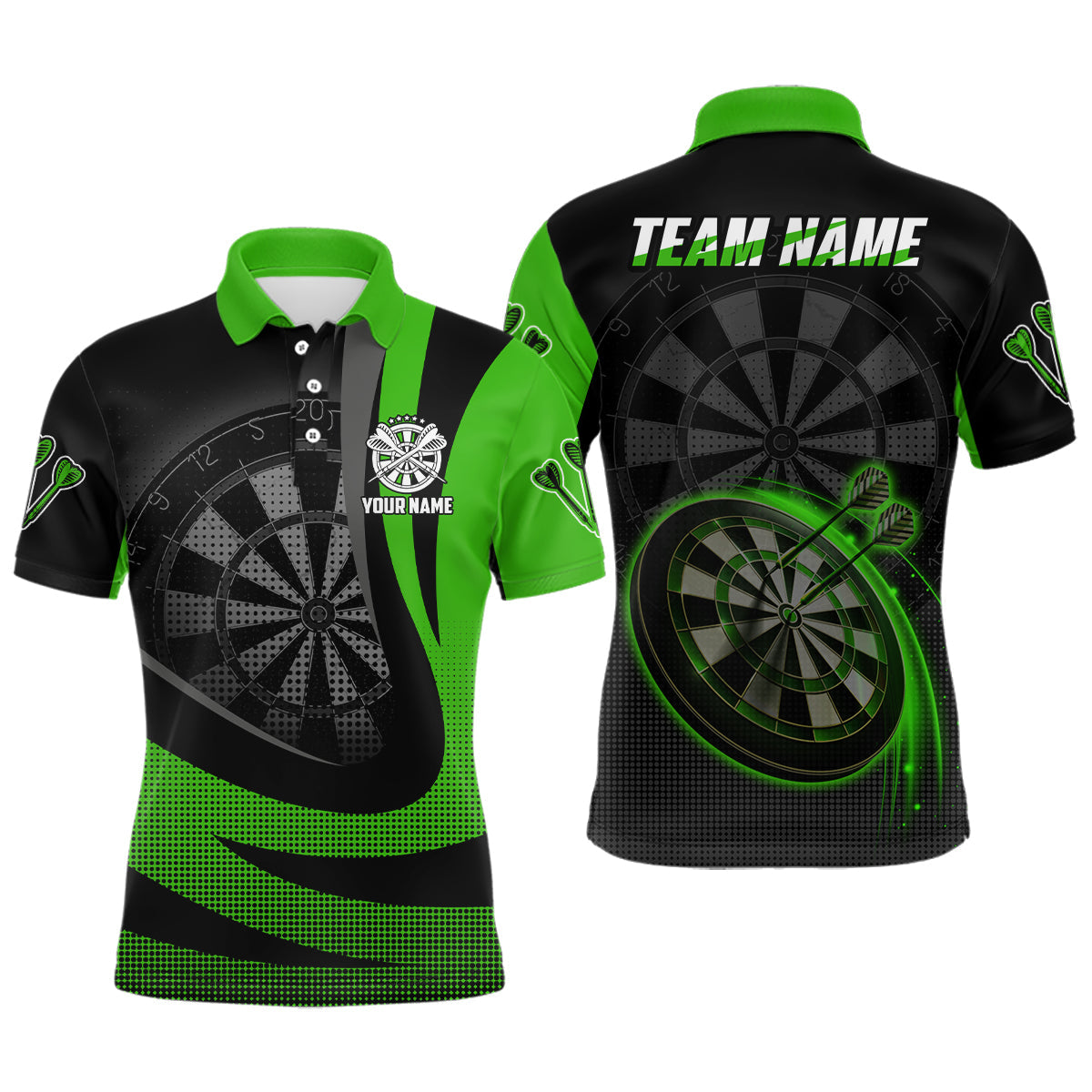 Personalisierter Schwarz-Grüner 3D Herren Dart Poloshirt – Individuelles cooles Dart-Teamtrikot für Männer LDT1030