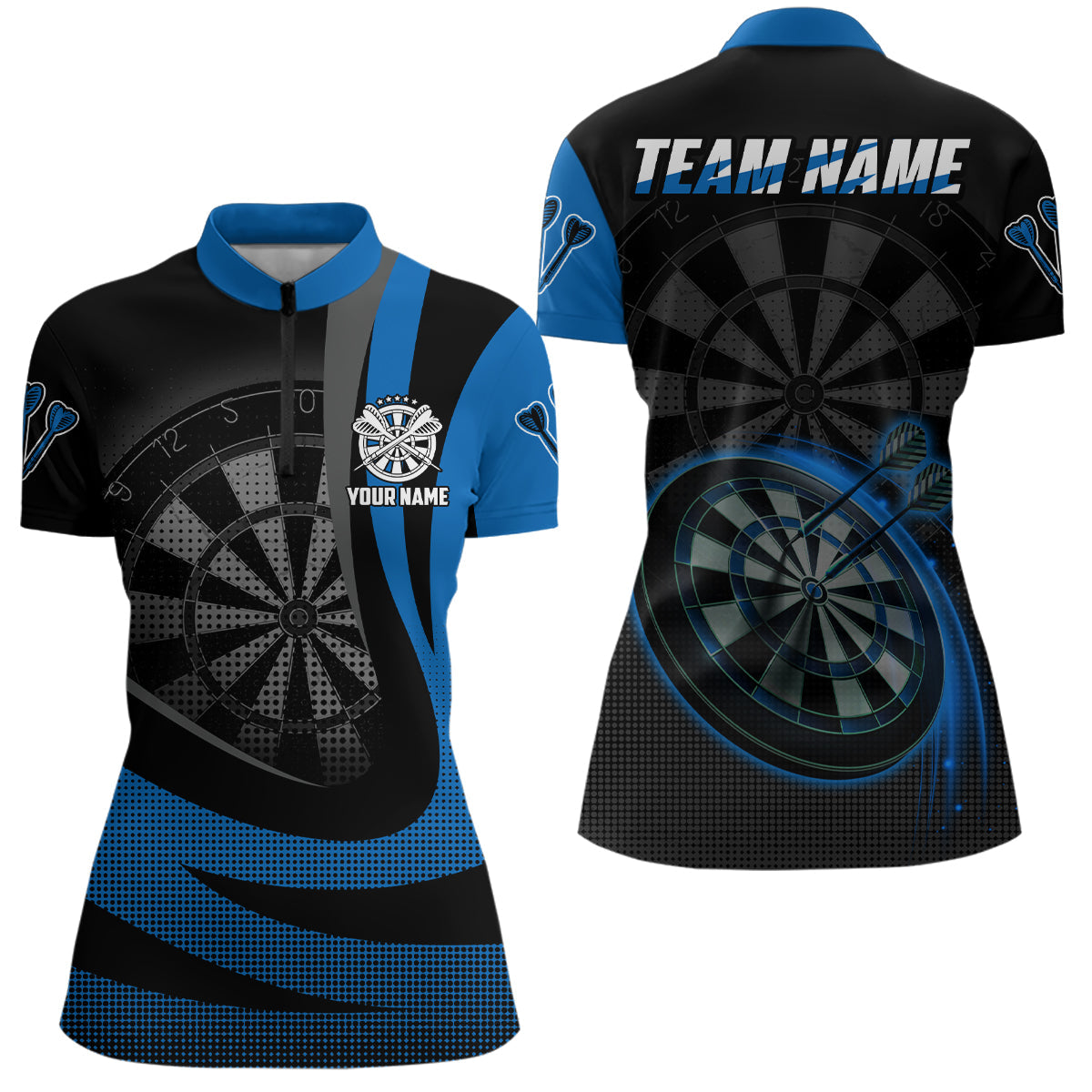 Individuelles Schwarz Blau 3D Darts Quarter-Zip Shirt – Individuelles Cooles Dart Team Trikot für Damen LDT1031