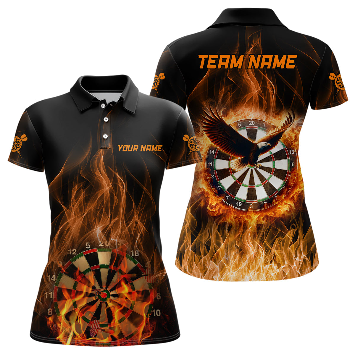 Orange Feuerflamme Adler Damen Dart Poloshirt – Individuelles Dart Team Trikot LDT1446