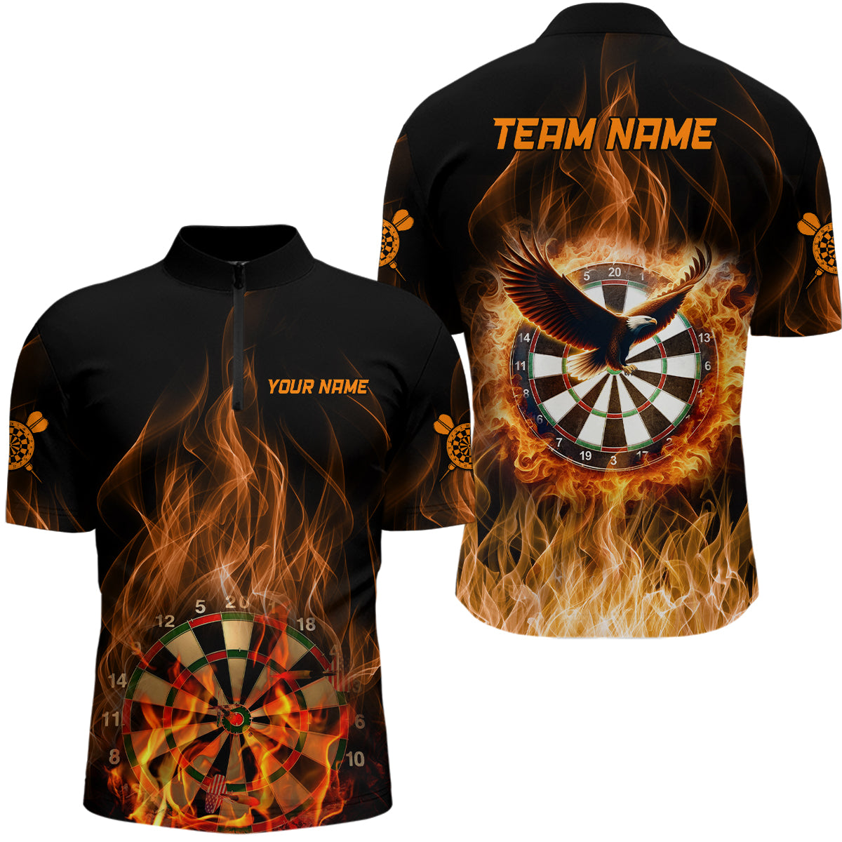Orange Fire Flame Eagle Darts Quarter Zip Shirt, Individuelle Dart Shirts für Herren, Dart Trikots LDT1446