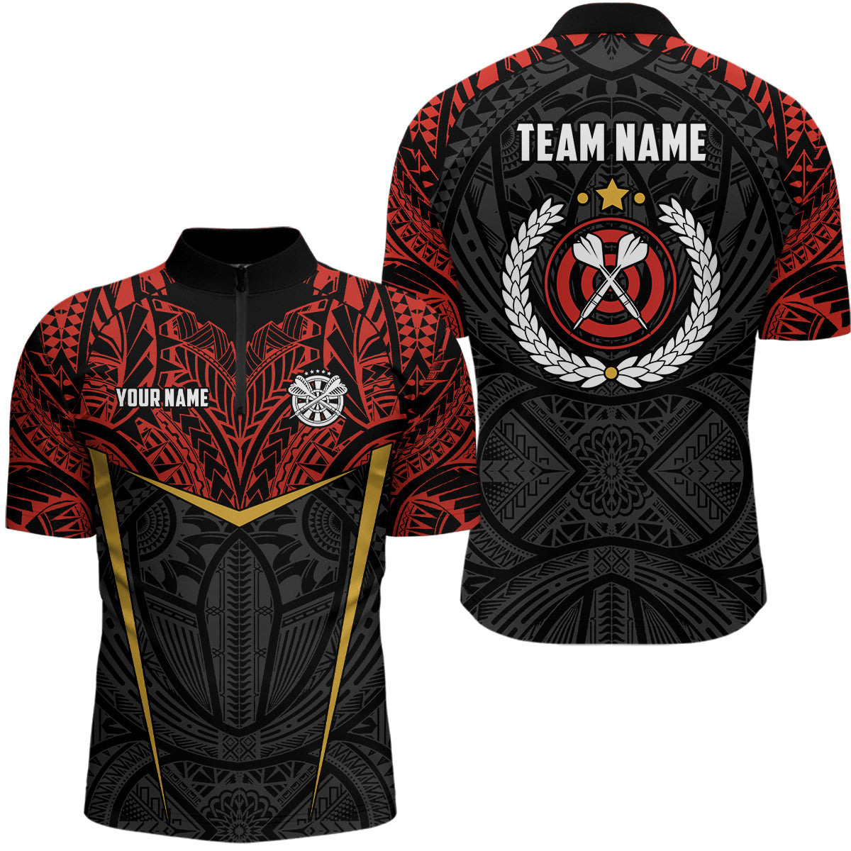 Individuelles Rot Gelb Tribal Muster Darts Quarter-Zip Shirt – Individuelles Dart Trikot für Männer LDT0826