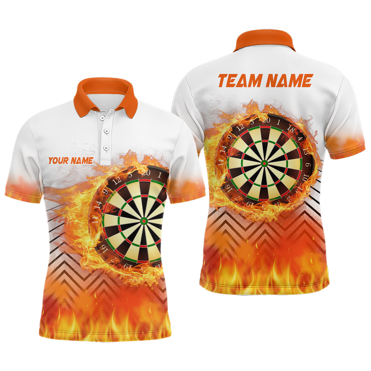 Weiß-Orange Feuerflammen Herren Darts Poloshirt – Individuelles Dartshirt für Männer Darttrikots LDT1459