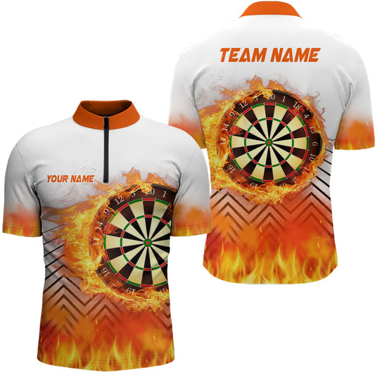 Weiß Orange Fire Flame Darts Quarter Zip Shirt, Individuelles Dart Shirt für Herren, Dart Trikots LDT1459