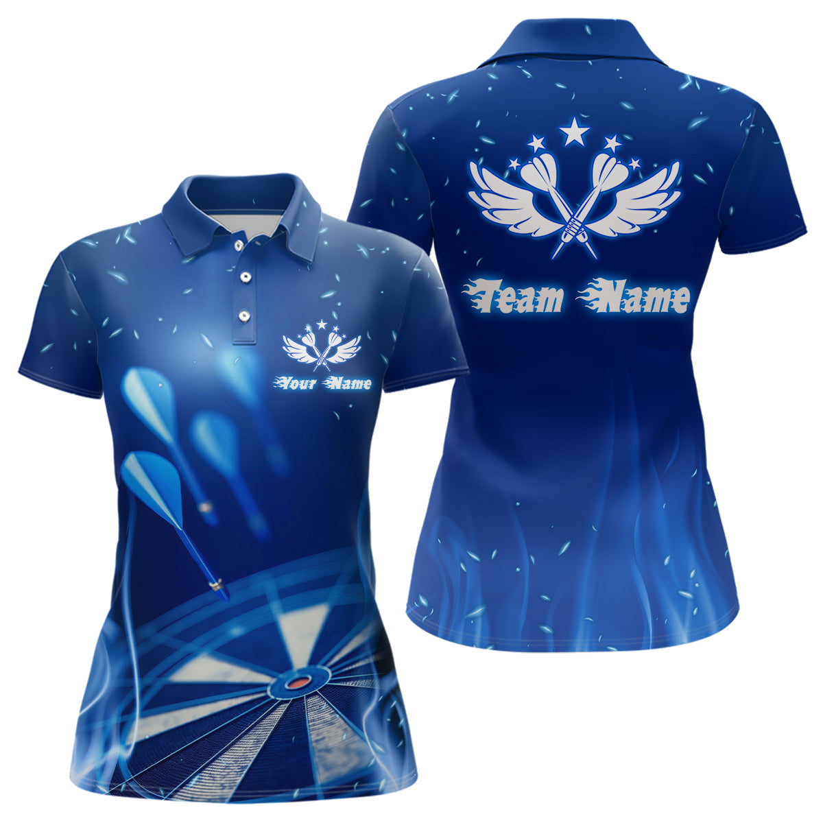 Blaue Feuerflamme Stern Personalisiertes Darts Poloshirt – Coole Individuelle Dart Trikots für Frauen LDT1063