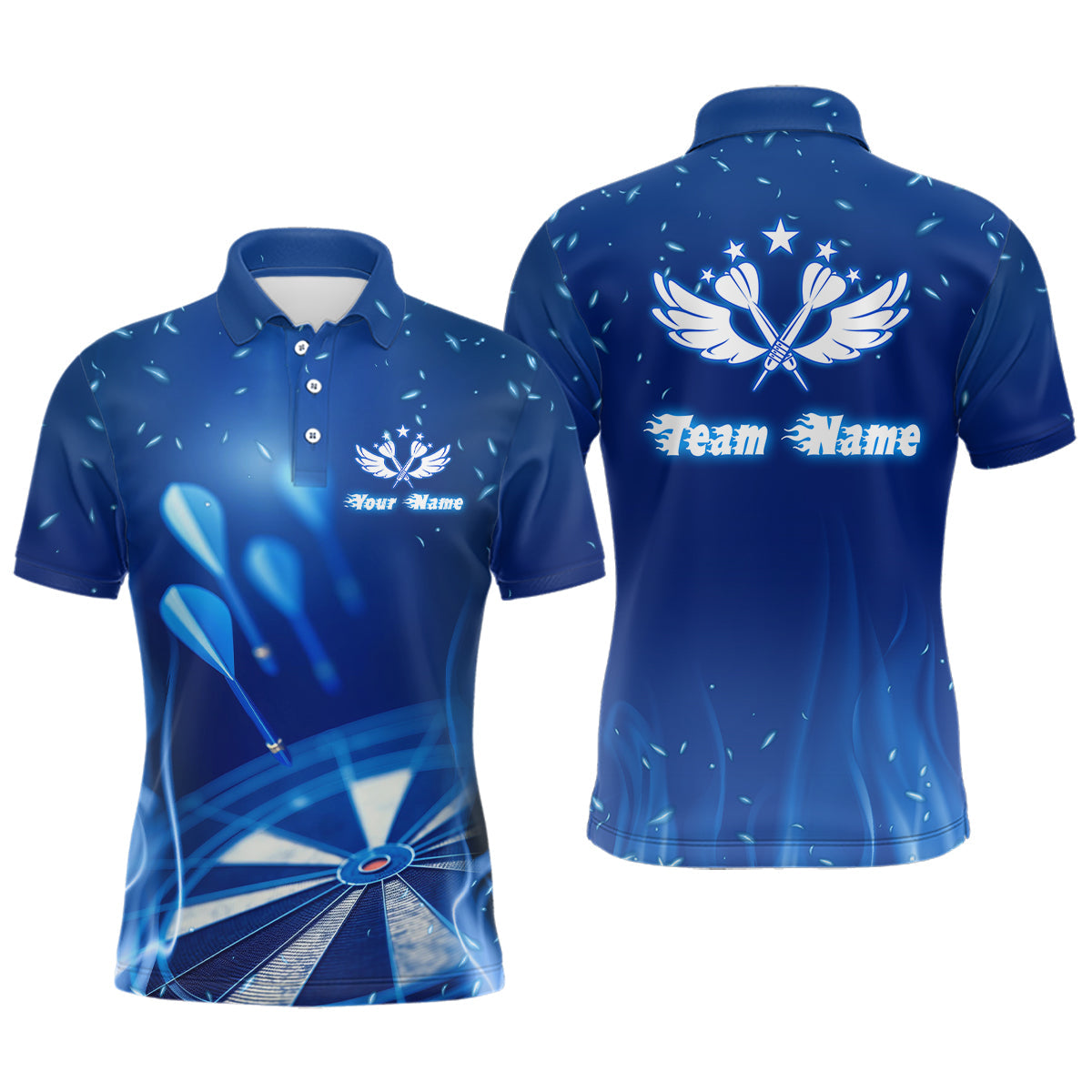 Blaues Feuer Flamme Stern Individuelles Herren Darts Poloshirt – Individuelle Coole Dart Trikots für Männer LDT1063