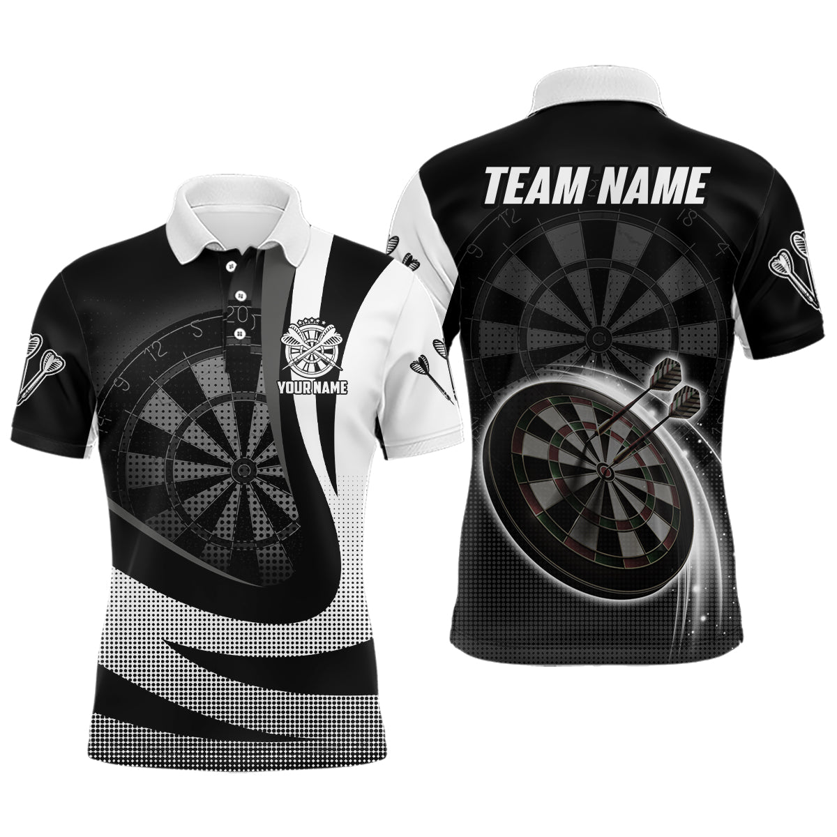 Personalisiertes Schwarz-Weiß 3D Herren Darts Poloshirt – Individuelles Cooles Darts Team Trikot für Männer LDT1076