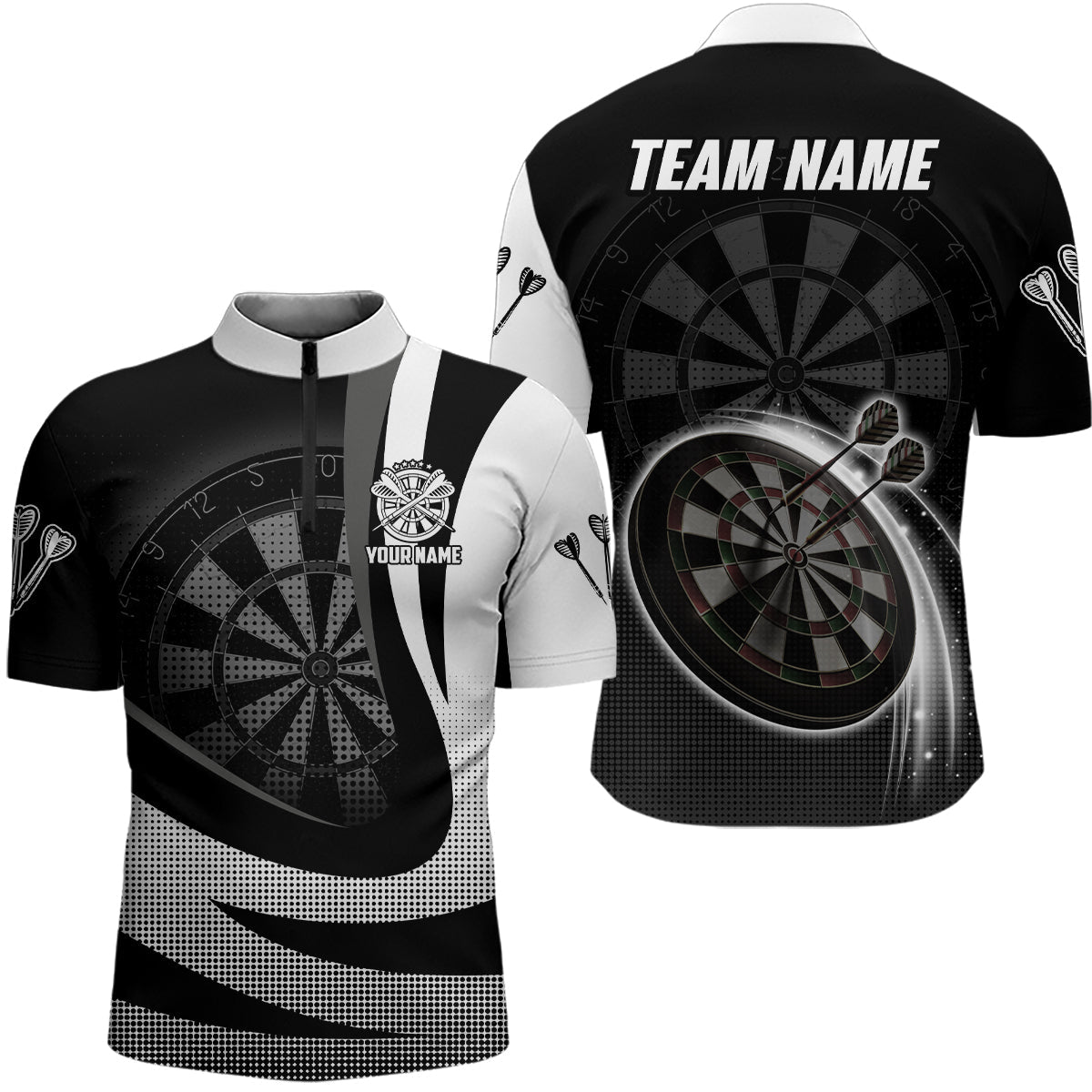 Individuelles Schwarz Weiß 3D Darts Quarter-Zip Shirt – Individuelles Cooles Darts Team Trikot für Männer LDT1076