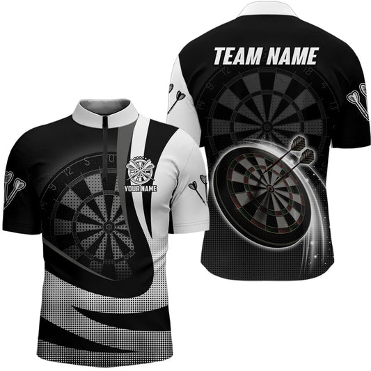Individuelles Schwarz Weiß 3D Darts Quarter-Zip Shirt – Individuelles Cooles Darts Team Trikot für Männer LDT1076