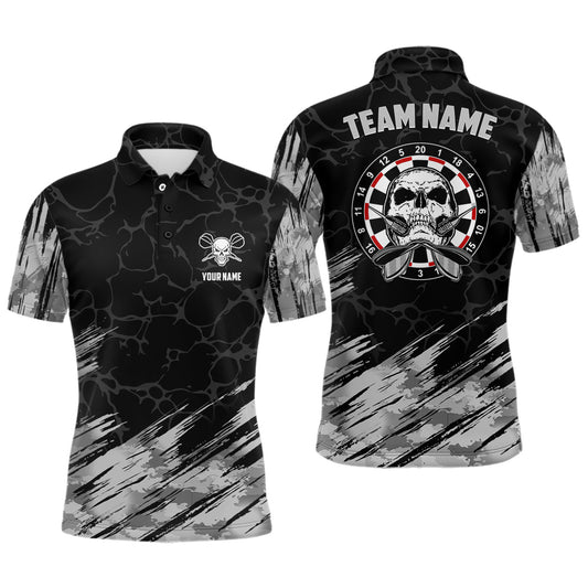 Personalisiertes Allover-Print Totenkopf Darts Herren Poloshirt – Grau Schwarze Dart Trikots für Männer LDT1077