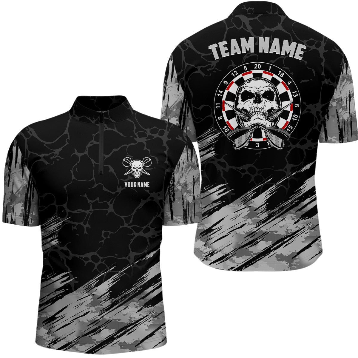 Individuelles All-Over Print Skull Darts Quarter-Zip Shirt – Grau Schwarz Dart Trikots für Männer LDT1077