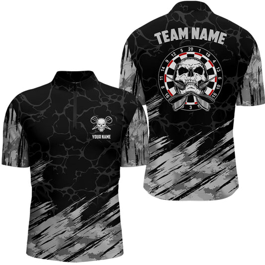 Individuelles All-Over Print Skull Darts Quarter-Zip Shirt – Grau Schwarz Dart Trikots für Männer LDT1077