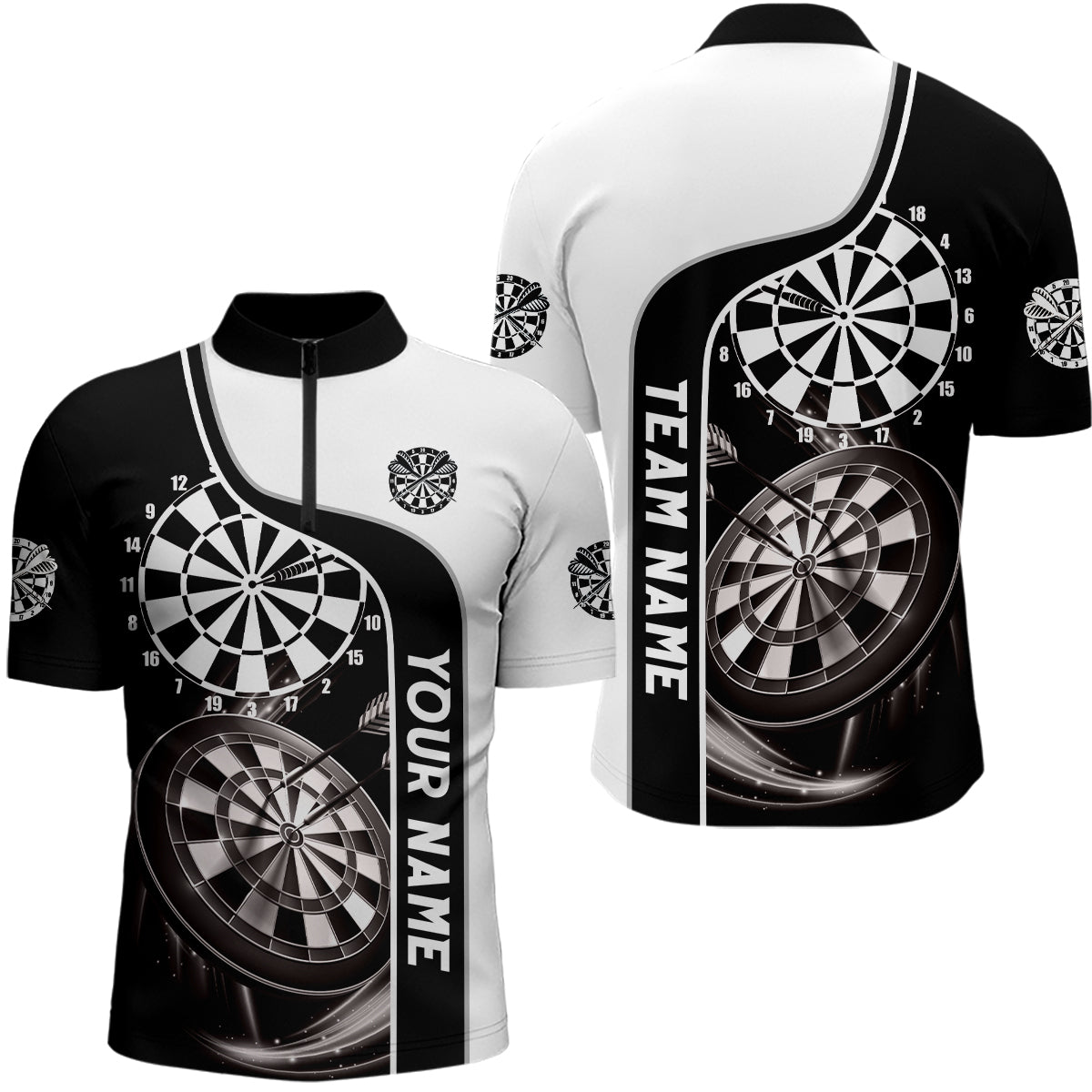 Schwarz und Weiß Männer Darts Quarter Zip Shirt – Individuelle Dart Shirts für Männer Dart Trikot LDT0305