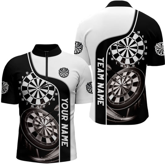Schwarz und Weiß Männer Darts Quarter Zip Shirt – Individuelle Dart Shirts für Männer Dart Trikot LDT0305