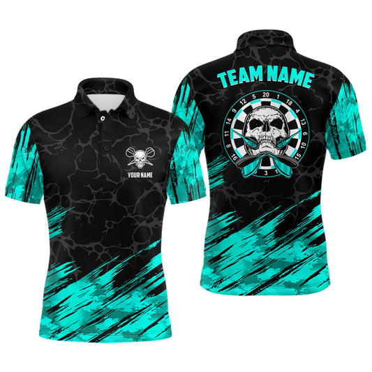 Personalisierter Totenkopf-Allover-Druck Dart Herren Poloshirt – Türkis-Schwarze Darttrikots für Männer LDT0903