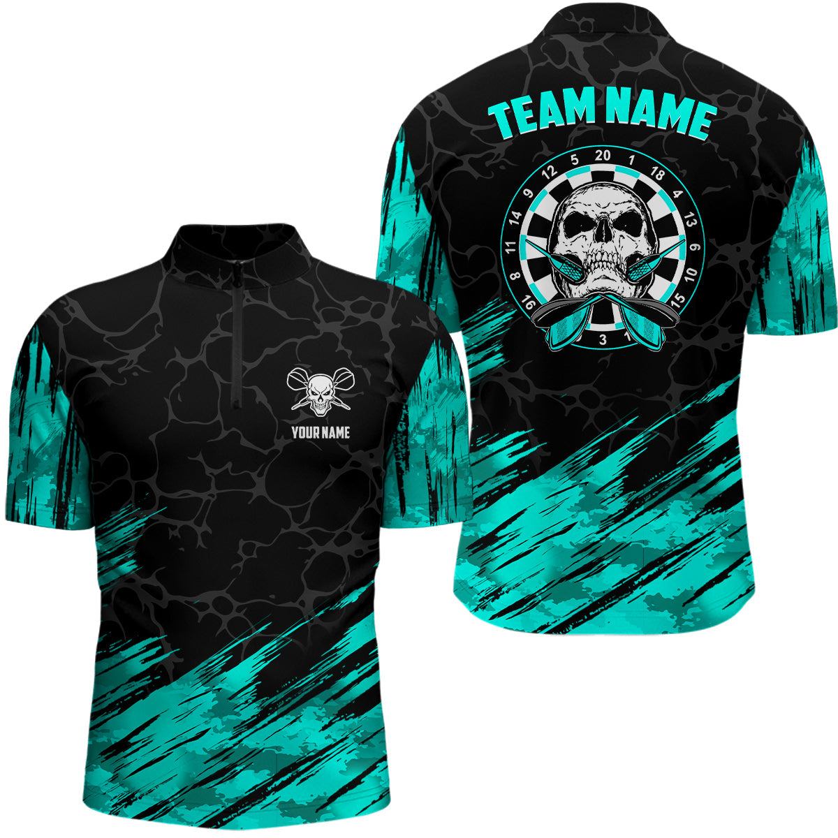 Individuelles All-Over Print Skull Darts Quarter-Zip Shirt – Türkis Schwarz Männer Dart Trikots LDT0903