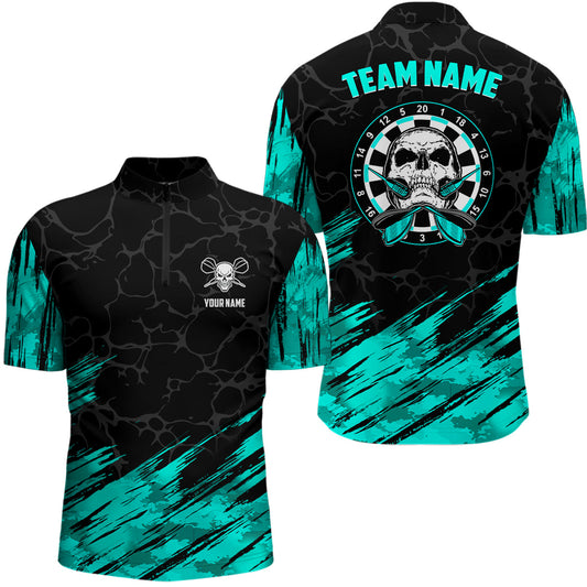 Individuelles All-Over Print Skull Darts Quarter-Zip Shirt – Türkis Schwarz Männer Dart Trikots LDT0903