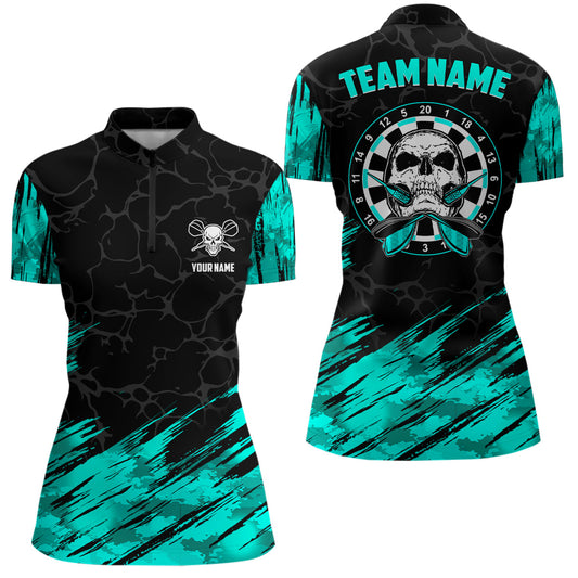Individuelles All Over Print Skull Dart Quarter-Zip Shirt – Türkis Schwarz Damen Dart Trikot LDT0903