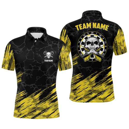 Personalisierter Totenkopf-Allover-Druck Dart Herren Poloshirt – Gelb-Schwarze Darttrikots für Männer LDT0904