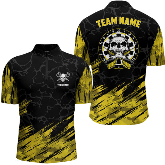 Personalisiertes All-Over Print Skull Darts Quarter-Zip Shirt – Gelb Schwarz Männer Dart Trikots LDT0904