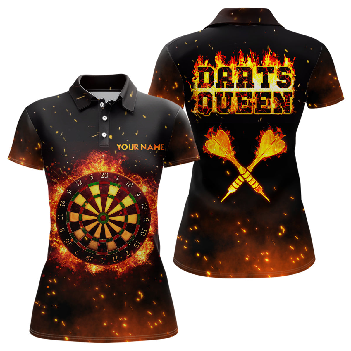 Personalisiertes Flammen Darts Queen Poloshirt – Individueller Name Feuer Darts Trikot für Damen LDT0312