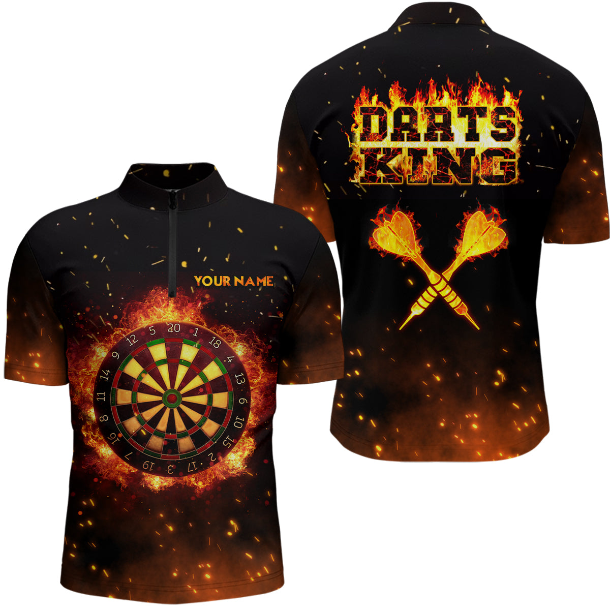 Personalisiertes Flame Darts King Quarter Zip Shirt mit benutzerdefiniertem Namen – Feuer Darts Trikot für Männer LDT0312