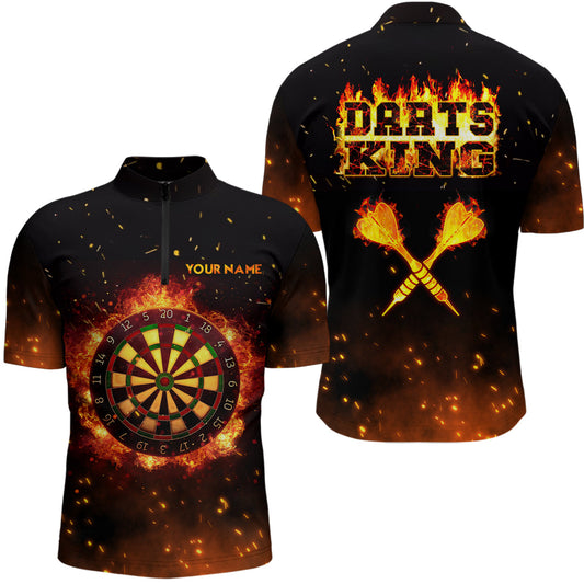 Personalisiertes Flame Darts King Quarter Zip Shirt mit benutzerdefiniertem Namen – Feuer Darts Trikot für Männer LDT0312