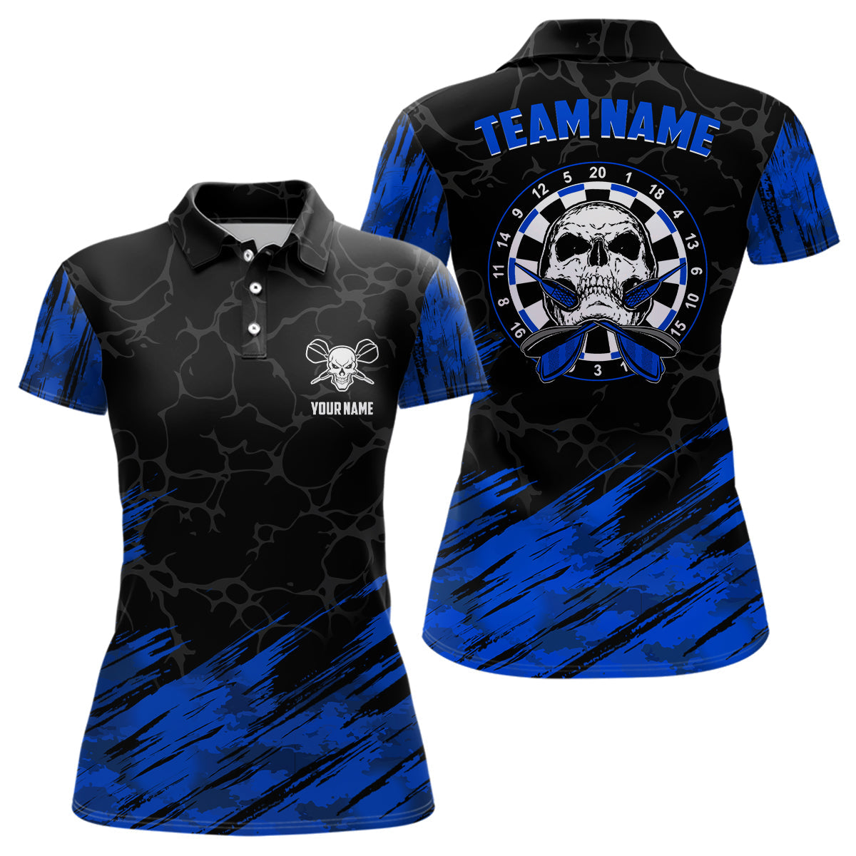 Personalisiertes 3D Rundumdruck Totenkopf Darts Poloshirt Marine-Schwarz – Dart Trikot für Damen LDT0645