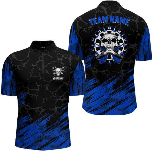 Individuelles All Over Print Skull Darts Quarter-Zip Shirt – Navy Schwarz Dart Trikots für Männer LDT0645