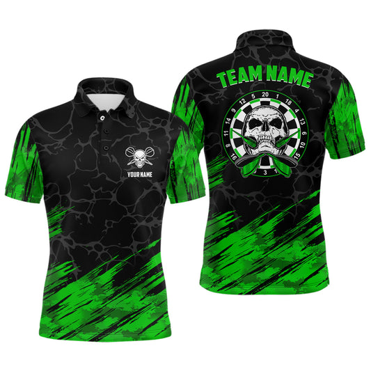 Individuelles 3D-Gesamtdruck Herren Totenkopf Dart-Poloshirt – Grün-Schwarze Darttrikots für Männer LDT0646